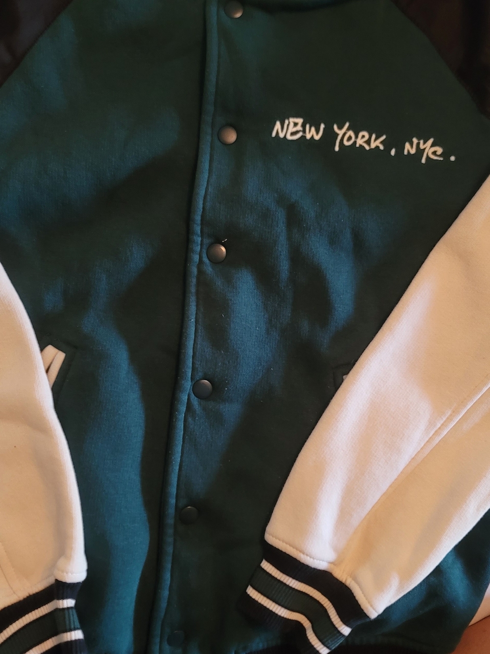 Zara Green and White Bomber-Style Varsity Jacket with 'New York, NYC' Embroidery
